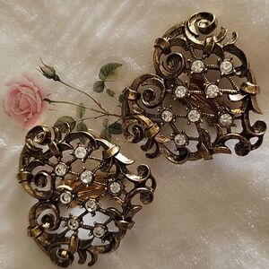 Barrera Elegant Gold Heart Clip On Earrings with Crystals By Avon